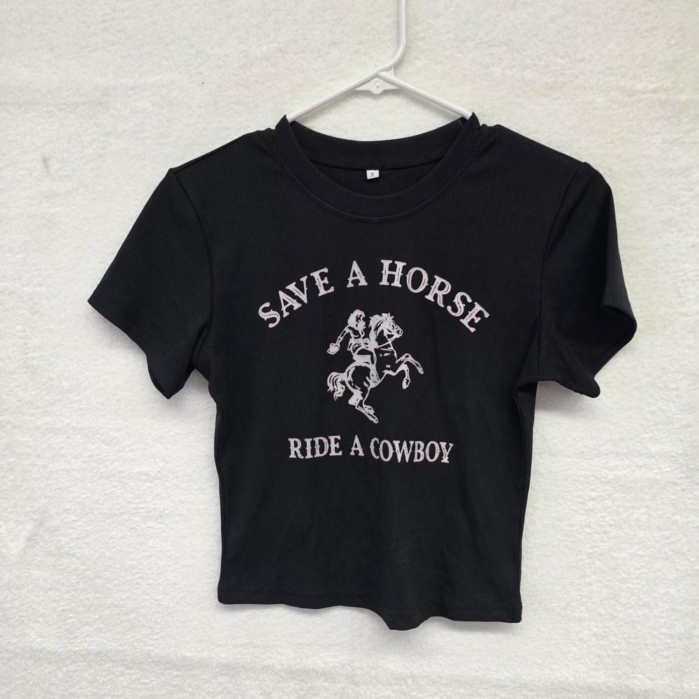 Save A Horse Ride A Cowboy Black Ribbed Graphic Crop Top Small
